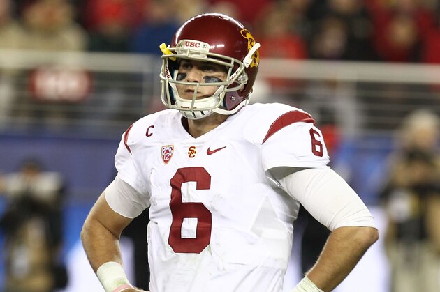 SANTA CLARA, CA - DECEMBER 05:  Cody Kessler #6 of the USC Trojans looks to coaching staff during a 41-22 Stanford win at the PAC-12 Championship game at Levi's Stadium on December 5, 2015 in Santa Clara, California.  (Photo by Leon Bennett/Getty Images)