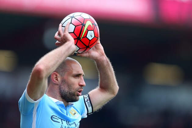 BOURNEMOUTH, ENGLAND - APRIL 02: Pablo Zabaleta of Manchester City takes a throw in during the Barclays Premier League match between AFC Bournemouth and Manchester City at Vitality Stadium on April 2, 2016 in Bournemouth, England. (Photo by Catherine Ivill - AMA/Getty Images)