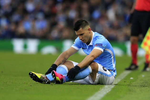 Manchester City's Sergio Aguero sits during the Champions League semifinal soccer match between Manchester City and Real Madrid, at the City of Manchester stadium in Manchester, England, Tuesday, April 26, 2016. (AP Photo/Jon Super)