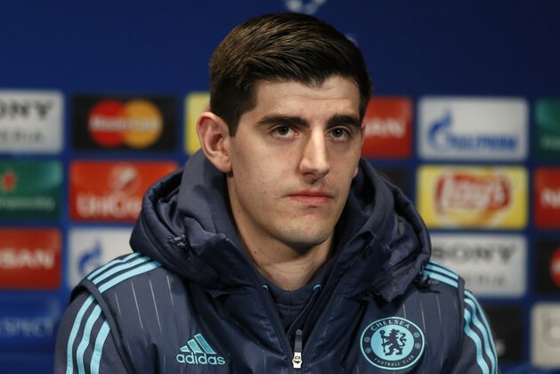 Chelsea goal keeper Thibauly Courtois attends a press conference on the eve of the Champions League round of 16, 1st leg soccer match between PSG and Chelsea at the Parc des Princes stadium in Paris, France, Monday, Feb. 15, 2016. (AP Photo/Francois Mori)
