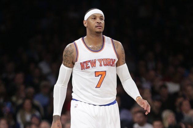 New York Knicks' Carmelo Anthony (7) plays during the first half of an NBA basketball game against the Charlotte Hornets Wednesday, April 6, 2016, in New York. (AP Photo/Frank Franklin II)