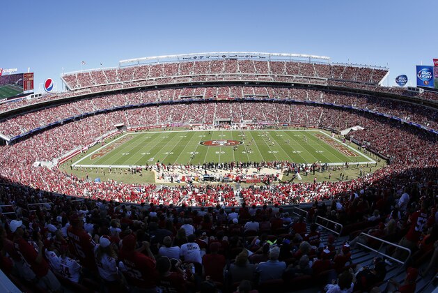 FILE - This Oct. 5, 2014, file photo shows a general view of Levi's Stadium during the first quarter of an NFL football game between the San Francisco 49ers and the Kansas City Chiefs in Santa Clara, Calif. When the architects set out to design a new football stadium for the San Francisco 49ers, they wanted a building that fit the Silicon Valley region where it is located. Retro was out. High-tech and green-friendly were in.  (AP Photo/Tony Avelar, File)
