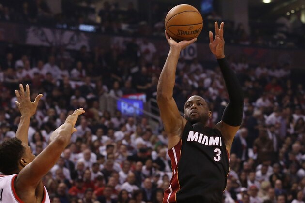 TORONTO, CAN - MAY 3: Dwyane Wade #3 of the Miami Heat shoots against the Toronto Raptors during Game One of the Eastern Conference Semifinals during the 2016 NBA Playoffs on May 3, 2016 at Air Canada Centre in Toronto, Canada. NOTE TO USER: User expressly acknowledges and agrees that, by downloading and or using this Photograph, user is consenting to the terms and conditions of the Getty Images License Agreement. Mandatory Copyright Notice: Copyright 2016 NBAE (Photo by Dave Sandford/NBAE via Getty Images)