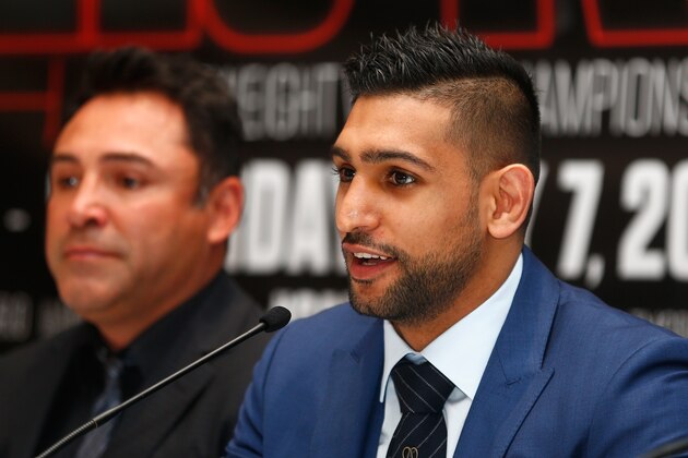 LONDON, ENGLAND - FEBRUARY 29:  Amir Khan talks to the media during a press conference to preview the fight between Amir Khan and Canelo Alvarez at the Park Plaza Riverbank Hotel on February 29, 2016 in London, England.  (Photo by Julian Finney/Getty Images)