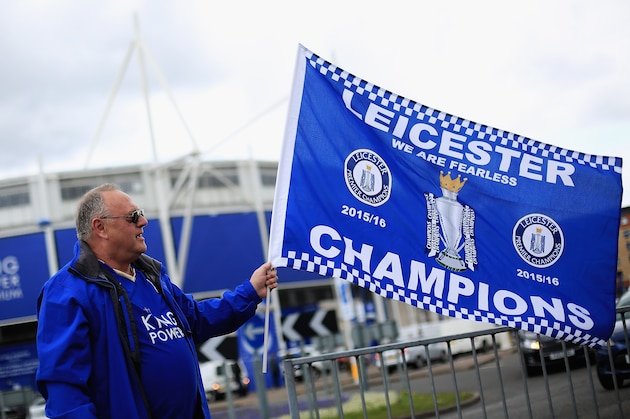 LEICESTER, ENGLAND - MAY 03:  Leicester reacts to Leicester City's Premier League Title Success on May 03, 2016 in Leicester, England.  (Photo by Matthew Lewis/Getty Images)