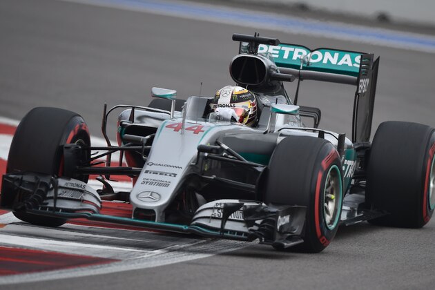 Mercedes AMG Petronas F1 Team's British driver  Lewis Hamilton steers his car during the qualifying session of the Formula One Russian Grand Prix at the Sochi Autodrom circuit on April 30, 2016.  / AFP / ALEXANDER NEMENOV        (Photo credit should read ALEXANDER NEMENOV/AFP/Getty Images)