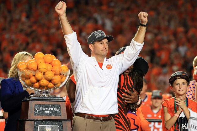 MIAMI GARDENS, FL - DECEMBER 31:  Head coach Dabo Swinney of the Clemson Tigers celebrates defeating the Oklahoma Sooners with a score of 37 to 17 to win the 2015 Capital One Orange Bowl at Sun Life Stadium on December 31, 2015 in Miami Gardens, Florida.  (Photo by Rob Foldy/Getty Images)