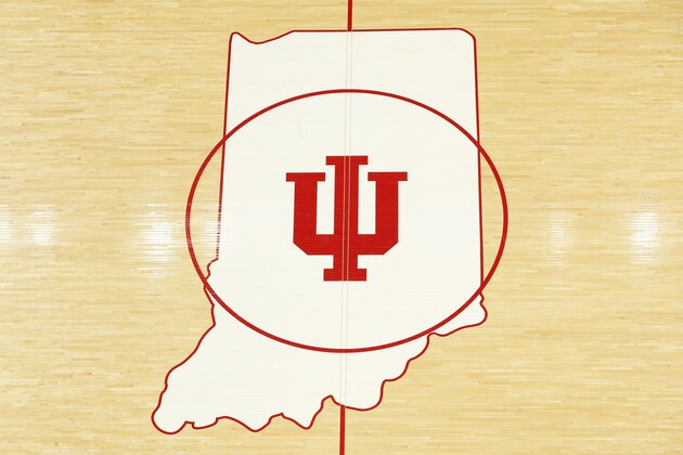 BLOOMINGTON, IN - JANUARY 22: General view of the Indiana Hoosiers logo at center court during the game against the Maryland Terrapins at Assembly Hall on January 22, 2015 in Bloomington, Indiana. The Hoosiers defeated the Terrapins 89-70. (Photo by Joe Robbins/Getty Images)