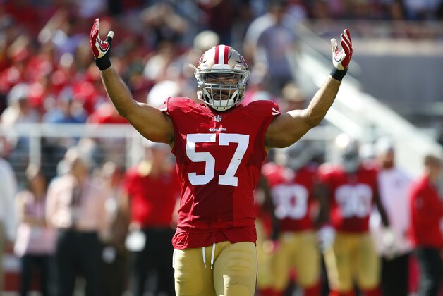 San Francisco 49ers inside linebacker Michael Wilhoite (57) calls for crowd noise against the Green Bay Packers during an NFL football game in Santa Clara, Calif., Sunday, Oct. 4, 2015. (Jeff Haynes/AP Images for Panini)