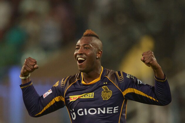 Kolkata Knight Riders Andre Russell celebrates after the dismissal of Kings XI Punjab Marcus Stoinis during the 2016 Indian Premier League (IPL) Twenty20 cricket match between Kolkata Knight Riders and Kings XI Punjab at the Eden Gardens Cricket Stadium in Kolkata on May 4, 2016. / AFP / Dibyangshu SARKAR / RESTRICTED TO EDITORIAL USE - STRICTLY NO COMMERCIAL USE - XGTY (Photo credit should read DIBYANGSHU SARKAR/AFP/Getty Images) Kolkata Knight Riders Andre Russell celebrates after the dismissal of Kings XI Punjab Marcus Stoinis during the 2016 Indian Premier League (IPL) Twenty20 cricket match between Kolkata Knight Riders and Kings XI Punjab at the Eden Gardens Cricket Stadium in Kolkata on May 4, 2016. / AFP / Dibyangshu SARKAR / RESTRICTED TO EDITORIAL USE - STRICTLY NO COMMERCIAL USE - XGTY (Photo credit should read DIBYANGSHU SARKAR/AFP/Getty Images)