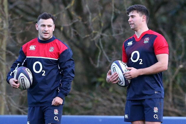 BAGSHOT, ENGLAND - FEBRUARY 02:  Danny Care (L) talks to team mate Ben Youngs during the England training session held at Pennyhill Park on February 2, 2016 in Bagshot, England.  (Photo by David Rogers/Getty Images)