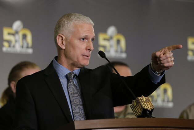 NFL Senior Vice President of Security Jeffrey Miller calls on a reporter for a question during a news conference on security for Super Bowl activities Wednesday, Feb. 3, 2016, in San Francisco. The Denver Broncos will play the Carolina Panthers in Super Bowl 50 Sunday, Feb. 7, 2016. (AP Photo/David J. Phillip)