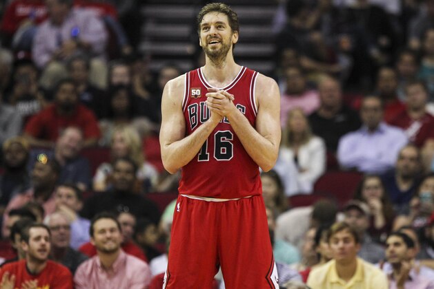 Mar 31, 2016; Houston, TX, USA; Chicago Bulls center Pau Gasol (16) reacts after a play during the third quarter against the Houston Rockets at Toyota Center. Mandatory Credit: Troy Taormina-USA TODAY Sports
