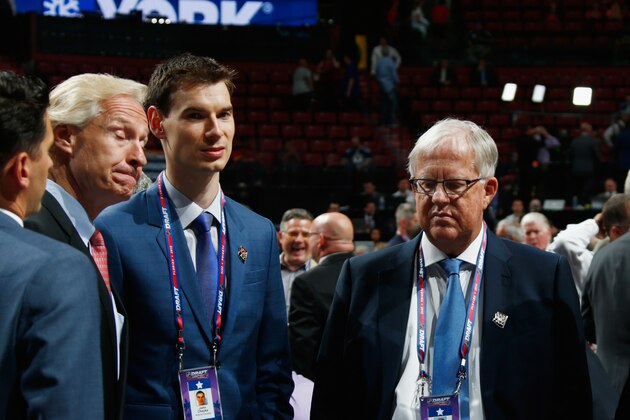 SUNRISE, FL - JUNE 26: (l-r) John Chayka and Gary Drummond of the Arizona Coyotes attend the 2015 NHL Draft at BB&T Center on June 26, 2015 in Sunrise, Florida.  (Photo by Bruce Bennett/Getty Images)