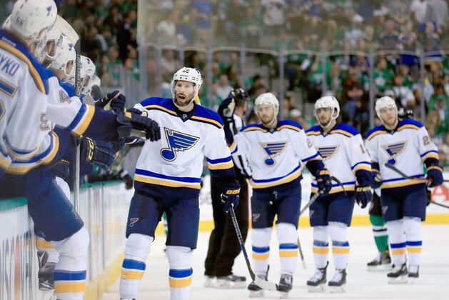 DALLAS, TX - MAY 01:  Troy Brouwer #36 of the St. Louis Blues celebrates after scoring against the Dallas Stars in the first period in Game Two of the Western Conference Second Round during the 2016 NHL Stanley Cup Playoffs at American Airlines Center on May 1, 2016 in Dallas, Texas.  (Photo by Tom Pennington/Getty Images)