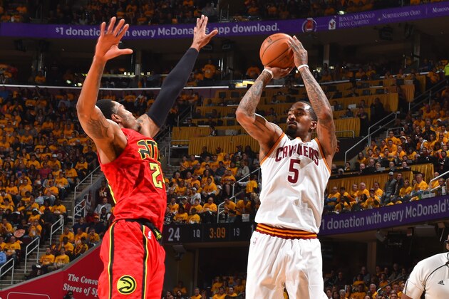 CLEVELAND,OH - MAY 4 :  J.R. Smith #5 of the Cleveland Cavaliers shoots the ball against the Atlanta Hawks during the Eastern Conference Semifinals Game One on May 4, 2016 at The Quicken Loans Arena in Cleveland, Ohio. NOTE TO USER: User expressly acknowledges and agrees that, by downloading and/or using this Photograph, user is consenting to the terms and conditions of the Getty Images License Agreement. Mandatory Copyright Notice: Copyright 2016 NBAE (Photo by Jesse D. Garrabrant/NBAE via Getty Images)