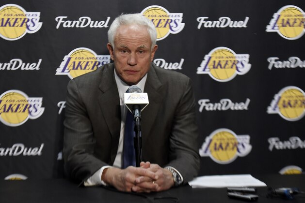 Nov 29, 2015; Los Angeles, CA, USA; Los Angeles Lakers general manager Mitch Kupchak speaks to the media before the game against the Indiana Pacers at Staples Center. Mandatory Credit: Richard Mackson-USA TODAY Sports