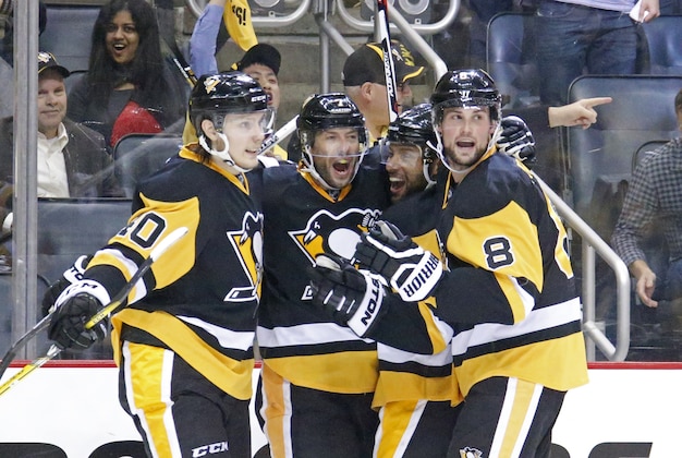 Pittsburgh Penguins, left to right. Oskar Sundqvist (40), Matt Cullen (7), Trevor Daley (6) and Brian Dumoulin (8) celebrate Cullen's goal during the second period of Game 4 in an NHL hockey Stanley Cup Eastern Conference semifinals in Pittsburgh, Wednesday, May 4, 2016. (AP Photo/Gene J. Puskar)
