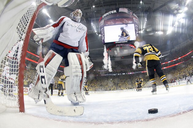 PITTSBURGH, PA - MAY 04:  Braden Holtby #70 of the Washington Capitals reacts after a first-period goal by Trevor Daley #6 of the Pittsburgh Penguins (not pictured) in Game Four of the Eastern Conference Second Round during the 2016 NHL Stanley Cup Playoffs at Consol Energy Center on May 4, 2016 in Pittsburgh, Pennsylvania.  (Photo by Justin K. Aller/Getty Images)