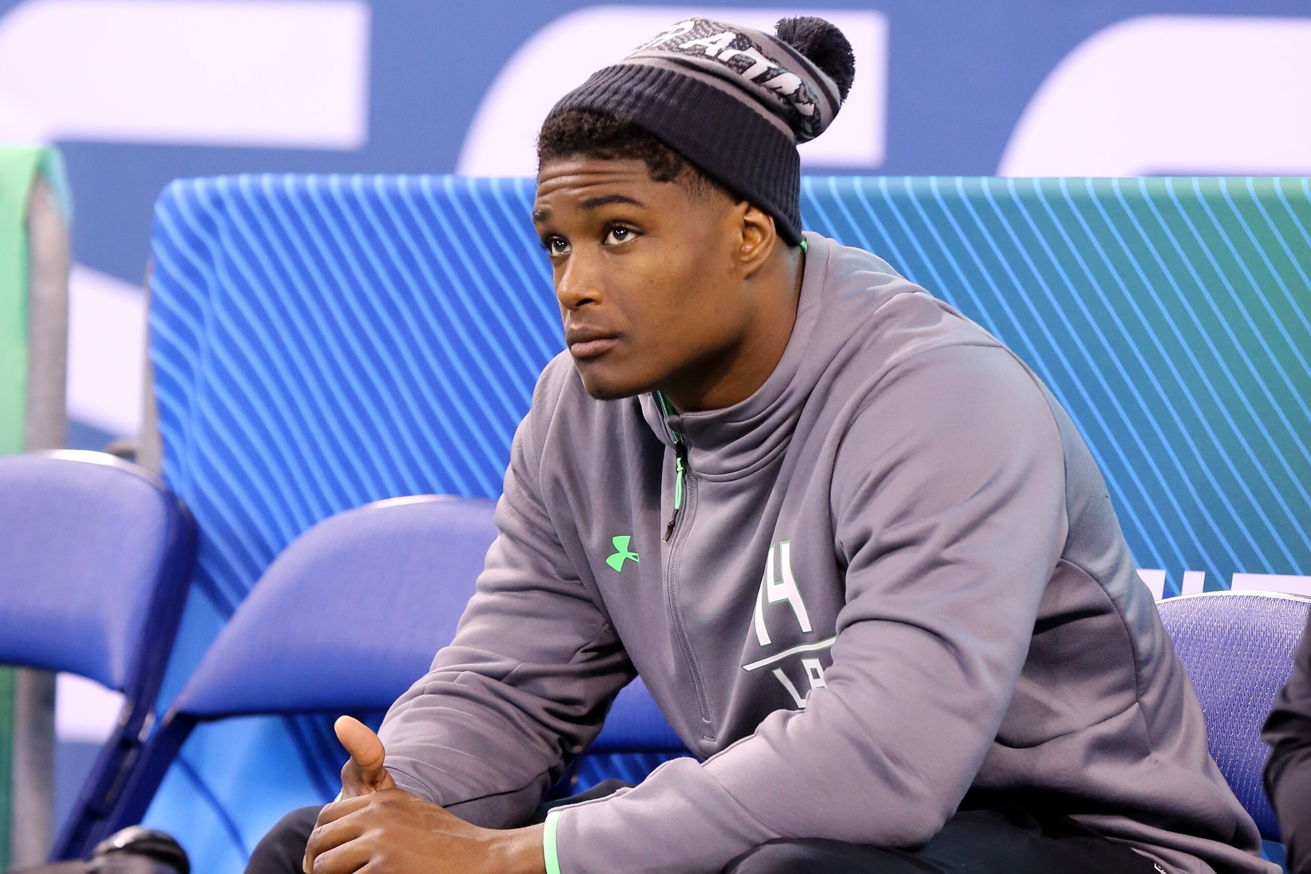 UCLA linebacker Myles Jack is seen at the NFL football scouting combine Sunday, Feb. 28, 2016, in Indianapolis. (AP Photo/Gregory Payan)