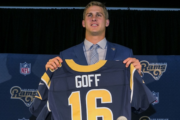 California's Jared Goff poses for photos after being selected by the Los Angeles Rams as the first pick in the first round of the NFL football draft, in Los Angeles Friday, April 29, 2016. (AP Photo/Damian Dovarganes)
