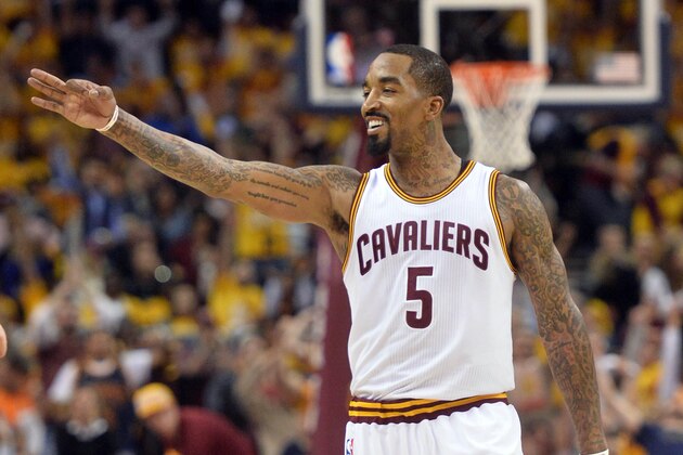 May 4, 2016; Cleveland, OH, USA; Cleveland Cavaliers guard J.R. Smith (5) celebrates a three-pointer with Cleveland Cavaliers forward Richard Jefferson (not pictured) during the second quarter in game two of the second round of the NBA Playoffs at Quicken Loans Arena. Mandatory Credit: Ken Blaze-USA TODAY Sports