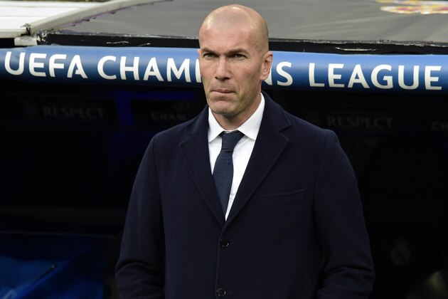 Real Madrid's French coach Zinedine Zidane looks on before the UEFA Champions League semi-final second leg football match Real Madrid CF vs Manchester City FC at the Santiago Bernabeu stadium in Madrid on May 4, 2016. / AFP / JAVIER SORIANO        (Photo credit should read JAVIER SORIANO/AFP/Getty Images)