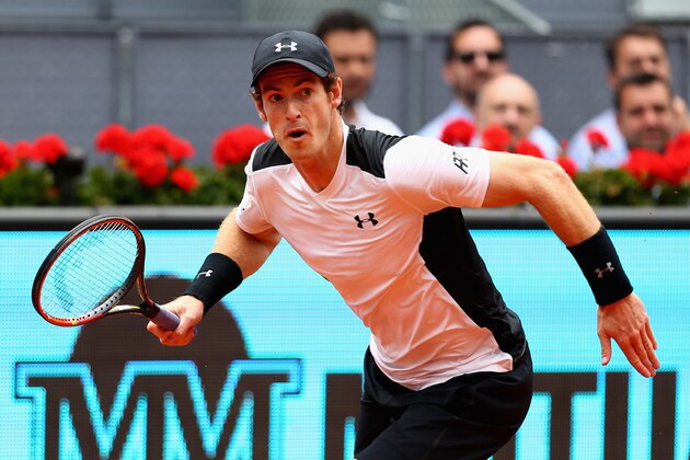 MADRID, SPAIN - MAY 05:  Andy Murray of Great Britain in action against Gilles Simon of France in their third round match during day six of the Mutua Madrid Open tennis tournament at the Caja Magica  on May 05, 2016 in Madrid,Spain  (Photo by Clive Brunskill/Getty Images)