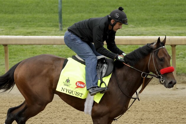 Exercise rider Jonny Garcia rides Kentucky Derby hopeful Nyquist during a workout at Churchill Downs Tuesday, May 3, 2016, in Louisville, Ky. The 142nd running of the Kentucky Derby is scheduled for Saturday, May 7. (AP Photo/Charlie Riedel)