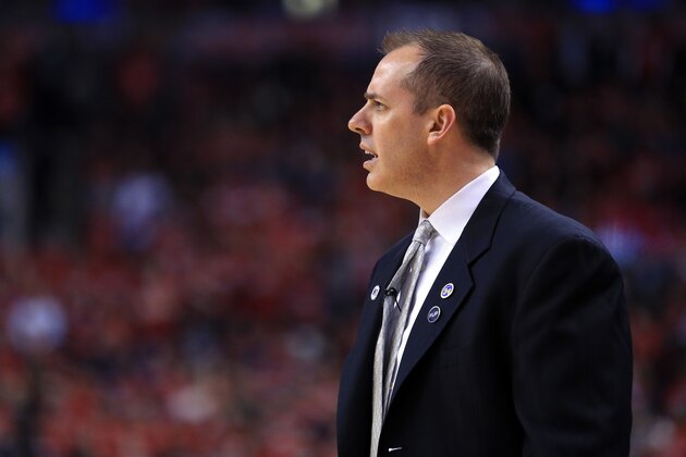 TORONTO, ON - MAY 01:  Head Coach Frank Vogel of the Indiana Pacers looks on in the first half of Game Seven of the Eastern Conference Quarterfinals against the Toronto Raptors during the 2016 NBA Playoffs at the Air Canada Centre on May 01, 2016 in Toronto, Ontario, Canada.  NOTE TO USER: User expressly acknowledges and agrees that, by downloading and or using this photograph, User is consenting to the terms and conditions of the Getty Images License Agreement.  (Photo by Vaughn Ridley/Getty Images)