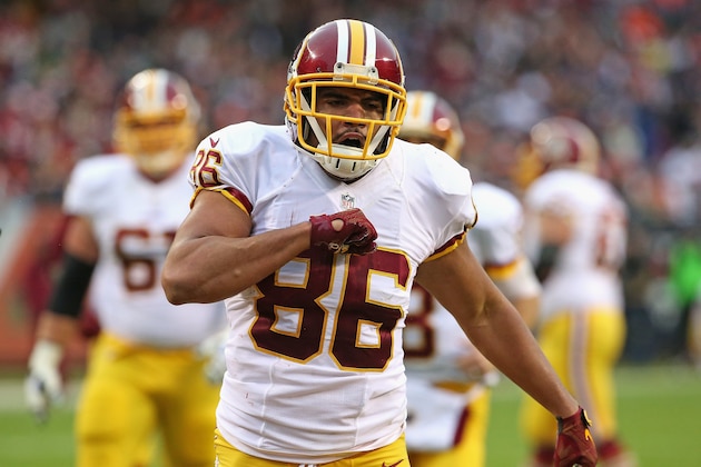 CHICAGO, IL - DECEMBER 13: Jordan Reed #86 of the Washington Redskins celebrates after scoring a touchdown against the Chicago Bears at Soldier Field on December 13, 2015 in Chicago, Illinois. The Redskins defeated the Bears 24-21. (Photo by Jonathan Daniel/Getty Images)