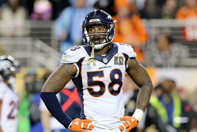 Denver Broncos’ Von Miller (58) is seen against the Carolina Panthers during the NFL Super Bowl 50 football game Sunday, Feb. 7, 2016, in Santa Clara, Calif.  (AP Photo/Gregory Payan)