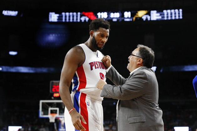 Detroit Pistons head coach Stan Van Gundy congratulates center Andre Drummond in the second half of an NBA basketball game against the Indiana Pacers, Saturday, Dec. 12, 2015 in Auburn Hills, Mich. Detroit won 118-96. (AP Photo/Paul Sancya)