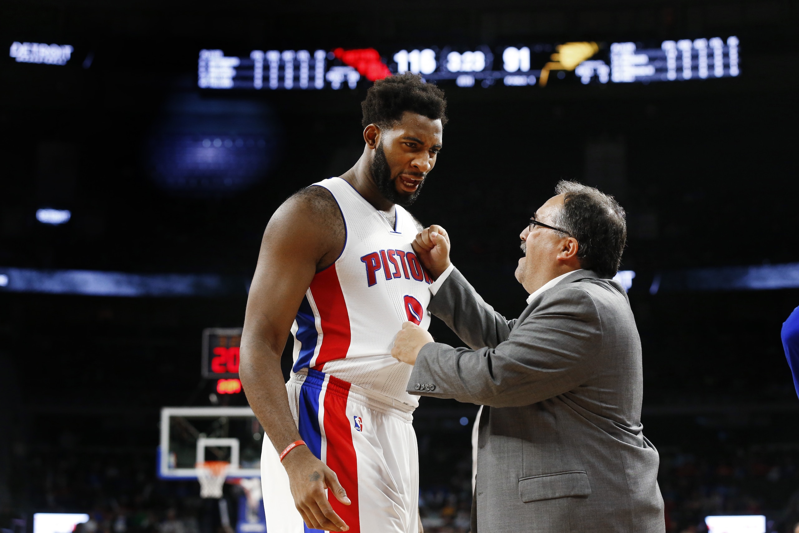 Detroit Pistons head coach Stan Van Gundy congratulates center Andre Drummond in the second half of an NBA basketball game against the Indiana Pacers, Saturday, Dec. 12, 2015 in Auburn Hills, Mich. Detroit won 118-96. (AP Photo/Paul Sancya) Detroit Pistons head coach Stan Van Gundy congratulates center Andre Drummond in the second half of an NBA basketball game against the Indiana Pacers, Saturday, Dec. 12, 2015 in Auburn Hills, Mich. Detroit won 118-96. (AP Photo/Paul Sancya)