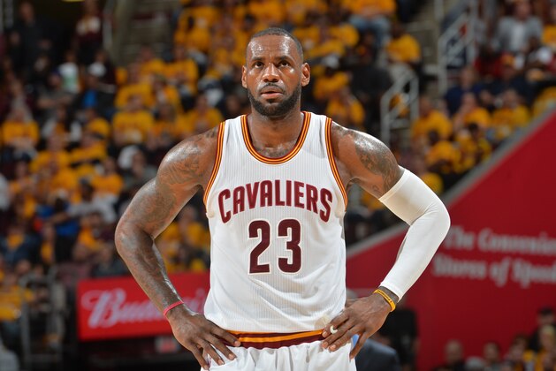 CLEVELAND,OH - MAY 4 :  LeBron James #23 of the Cleveland Cavaliers looks on against the Atlanta Hawks during the Eastern Conference Semifinals Game One on May 4, 2016 at The Quicken Loans Arena in Cleveland, Ohio. NOTE TO USER: User expressly acknowledges and agrees that, by downloading and/or using this Photograph, user is consenting to the terms and conditions of the Getty Images License Agreement. Mandatory Copyright Notice: Copyright 2016 NBAE (Photo by Jesse D. Garrabrant/NBAE via Getty Images)