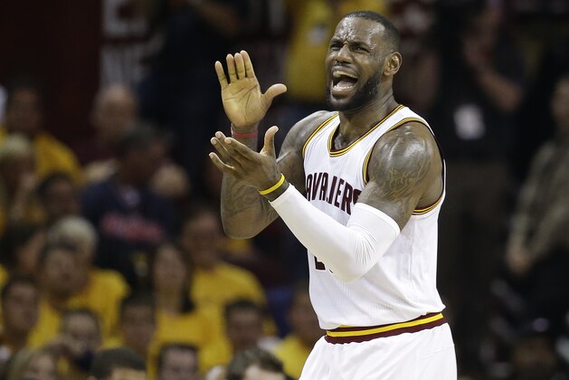 Cleveland Cavaliers forward LeBron James (23) reacts in the first half against the Atlanta Hawks during Game 2 of a second-round NBA basketball playoff series, Wednesday, May 4, 2016, in Cleveland. (AP Photo/Tony Dejak)