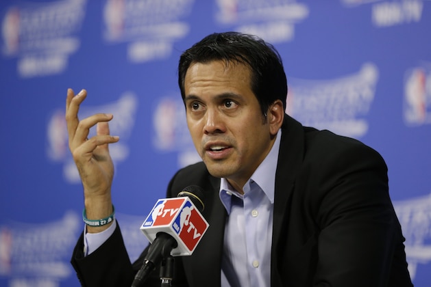 Miami Heat head coach Erik Spoelstra speaks during a post-game news conference after Game 3 in the NBA basketball Eastern Conference finals playoff series, Saturday, May 24, 2014, in Miami. The Heat defeated the Pacers 99-87. (AP Photo/Lynne Sladky)