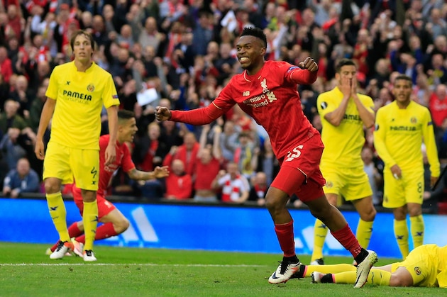 Liverpool’s Daniel Sturridge celebrates the opening goal during the Europa League semifinal, second leg, soccer match between Liverpool and  Villarreal at Anfield Stadium, Liverpool, England, Thursday May 5, 2016. (AP Photo/Jon Super)