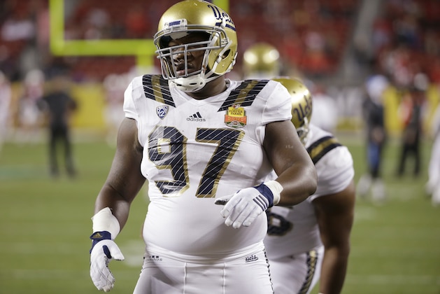 UCLA defensive lineman Kenny Clark (97) during the Foster Farms Bowl NCAA college football game against Nebraska Saturday, Dec. 26, 2015, in Santa Clara, Calif. (AP Photo/Marcio Jose Sanchez)