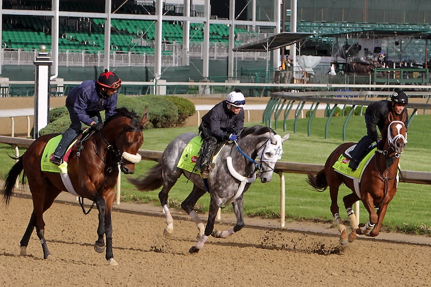 A trio of Kentucky Derby entrants, left to right, Suddenbreakingnews, Creator, and Oscar Nominated, gallop at Churchill Downs in Louisville, Ky., Thursday, May 5,   2016. Ramiro Gorostieta rides Suddenbreakingnews, Abel Flores is in the saddle on Creator and Joel Cano is aboard Oscar Nominated. The 142nd Kentucky Derby is Saturday, May 7. (AP Photo/Garry Jones)