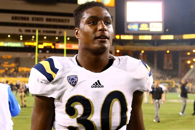 Sep 25, 2014; Tempe, AZ, USA; UCLA Bruins linebacker Myles Jack (30) against the Arizona State Sun Devils at Sun Devil Stadium. UCLA defeated Arizona State 62-27. Mandatory Credit: Mark J. Rebilas-USA TODAY Sports