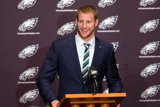 Apr 29, 2016; Philadelphia, PA, USA; Philadelphia Eagles first round pick quarterback Carson Wentz  during his introduction media conference at NovaCare Complex Auditorium. Mandatory Credit: Bill Streicher-USA TODAY Sports