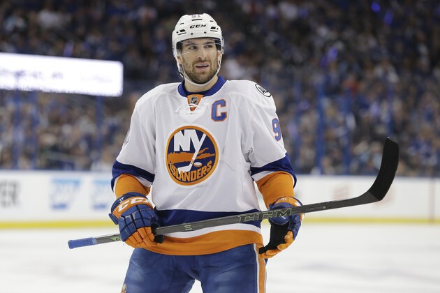 New York Islanders center John Tavares (91) during the first period of Game 2 of the NHL hockey Stanley Cup Eastern Conference semifinals against the Tampa Bay Lightning,  Saturday, April 30, 2016, in Tampa, Fla. (AP Photo/Chris O'Meara)