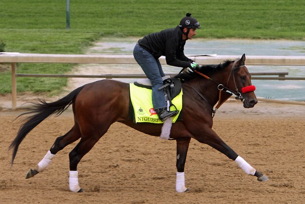 Jonny García monta a Nyquist, favorito para ganar el Derby de Kentucky, en Churchill Downs, el martes 3 de mayo de 2016 (AP Foto/Garry Jones)