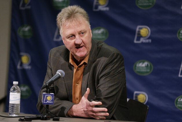 Indiana Pacers president of basketball operations Larry Bird announces that the team will not renew the contract of head coach Frank Vogel during a press conference in Indianapolis, Thursday, May 5, 2016. (AP Photo/Michael Conroy)