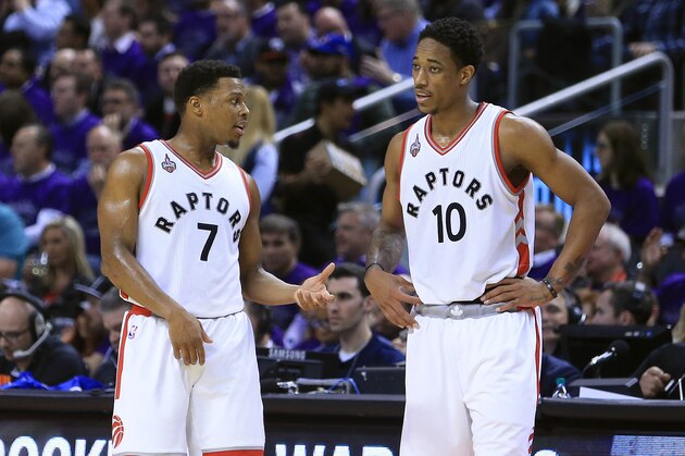 TORONTO, ON - APRIL 18: Kyle Lowry #7 of the Toronto Raptors talks to teammate DeMar DeRozan #10 in the second half of Game Two of the Eastern Conference Quarterfinals against the Indiana Pacers during the 2016 NBA Playoffs at the Air Canada Centre on April 18, 2016 in Toronto, Ontario, Canada. NOTE TO USER: User expressly acknowledges and agrees that, by downloading and or using this photograph, User is consenting to the terms and conditions of the Getty Images License Agreement. (Photo by Vaughn Ridley/Getty Images) TORONTO, ON - APRIL 18: Kyle Lowry #7 of the Toronto Raptors talks to teammate DeMar DeRozan #10 in the second half of Game Two of the Eastern Conference Quarterfinals against the Indiana Pacers during the 2016 NBA Playoffs at the Air Canada Centre on April 18, 2016 in Toronto, Ontario, Canada. NOTE TO USER: User expressly acknowledges and agrees that, by downloading and or using this photograph, User is consenting to the terms and conditions of the Getty Images License Agreement. (Photo by Vaughn Ridley/Getty Images)