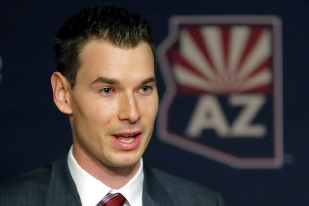 Newly appointed Arizona Coyotes general manager John Chayka speaks at a news conference announcing his promotion, Thursday, May 5, 2016, in Glendale, Ariz. Chayka is the youngest GM in NHL history. (AP Photo/Matt York)