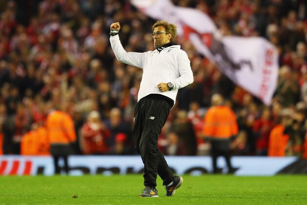 LIVERPOOL, UNITED KINGDOM - MAY 05:  Jurgen Klopp manager of Liverpool celebrates victory after the UEFA Europa League semi final second leg match between Liverpool and Villarreal CF at Anfield on May 5, 2016 in Liverpool, England. Liverpool reach the Europa League Final winning 3-1 on aggregate.  (Photo by Richard Heathcote/Getty Images)