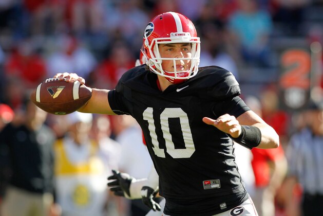 Apr 16, 2016; Athens, GA, USA; Georgia Bulldogs quarterback Jacob Eason (10) throws a pass during the second half of the spring game at Sanford Stadium. The Black team defeated the Red team 34-14. Mandatory Credit: Brett Davis-USA TODAY Sports