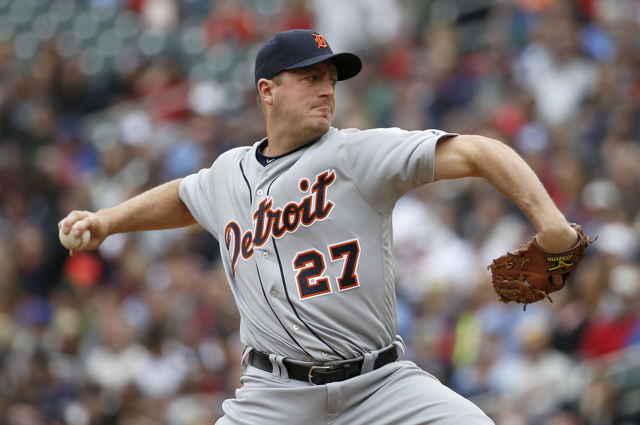 Detroit Tigers starting pitcher Jordan Zimmermann (27) delivers to the Minnesota Twins during the first inning of a baseball game in Minneapolis, Saturday, April 30, 2016. (AP Photo/Ann Heisenfelt)